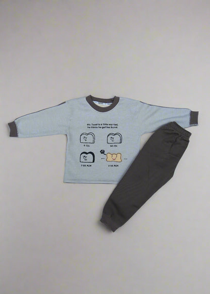 Gray sweatshirt with cartoon design on a white surface