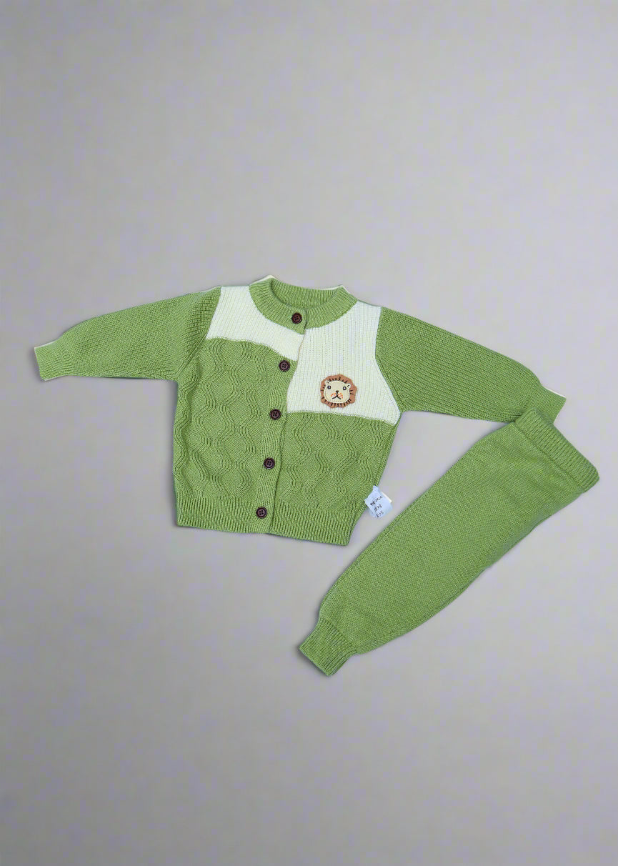 Green baby outfit with lion design on a light blue background