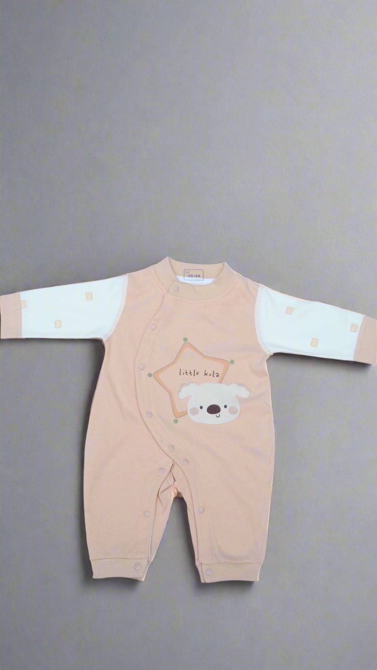 Beige baby pants with a cartoon design on a light blue background