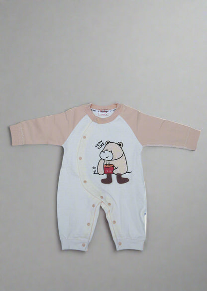 Cuddle Coffee Bear Romper – Soft Cotton Blend Pre-Winter (NB, 6–9M)