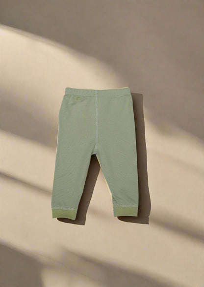 Light green pants on a light blue fabric background