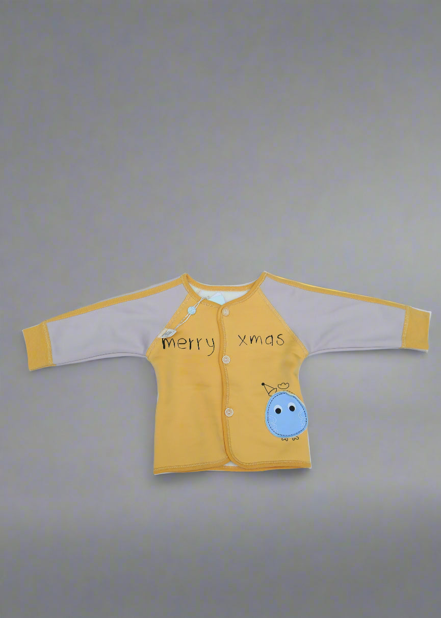 Yellow and gray long-sleeve shirt with cartoon character on a white background