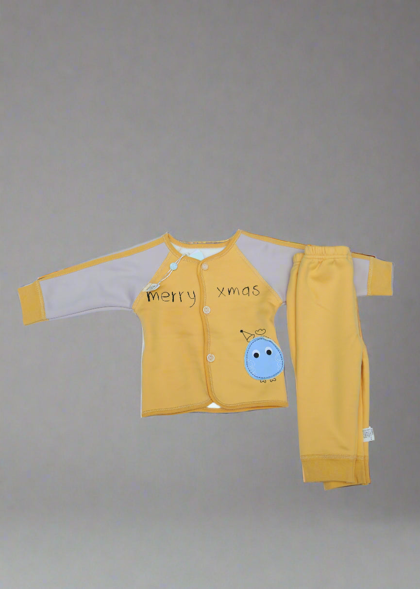 Yellow baby outfit with cartoon character on a white background