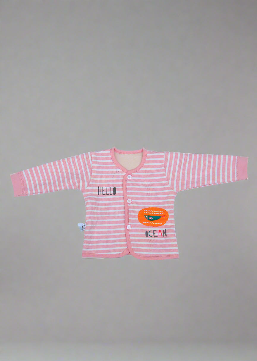 Pink striped baby leggings with a logo on a light blue background