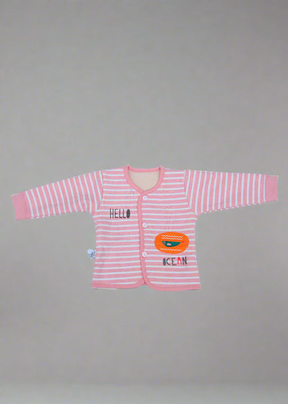 Pink striped baby leggings with a logo on a light blue background
