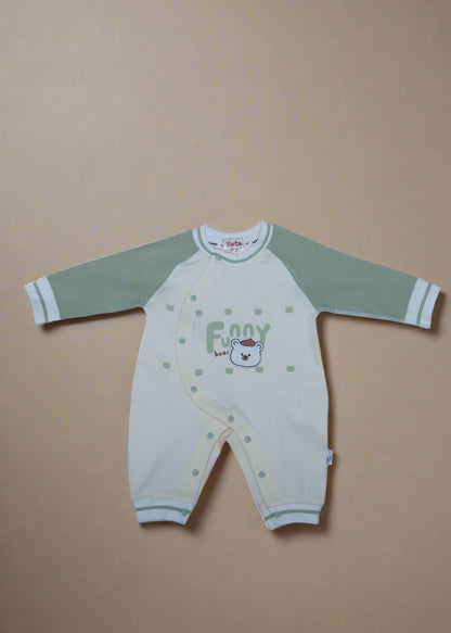 Baby outfit with long-sleeve top and pants on a light blue background