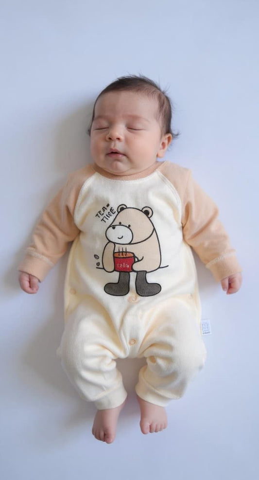 Cuddle Coffee Bear Romper – Soft Cotton Blend Pre-Winter (NB, 6–9M)