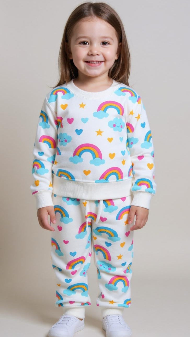 Rainbow Dreams Fleece Tracksuit – Pink & White for Girls