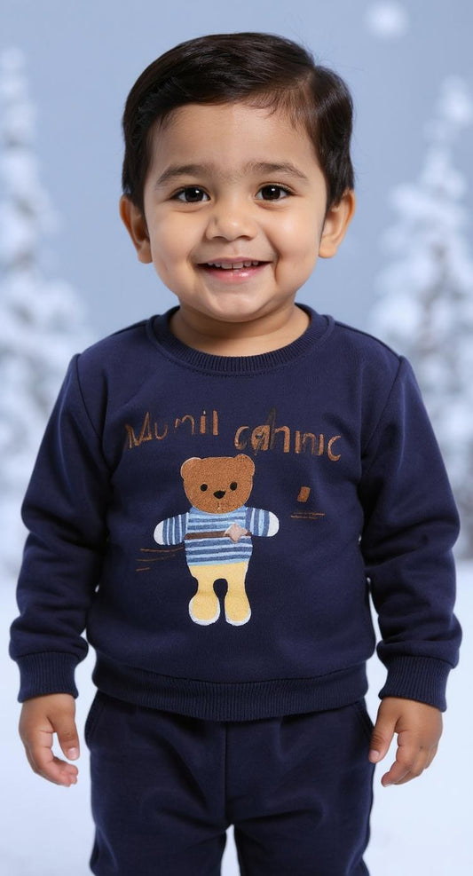 Dark Blue Winter Boys Outfit with Embroidered Teddy