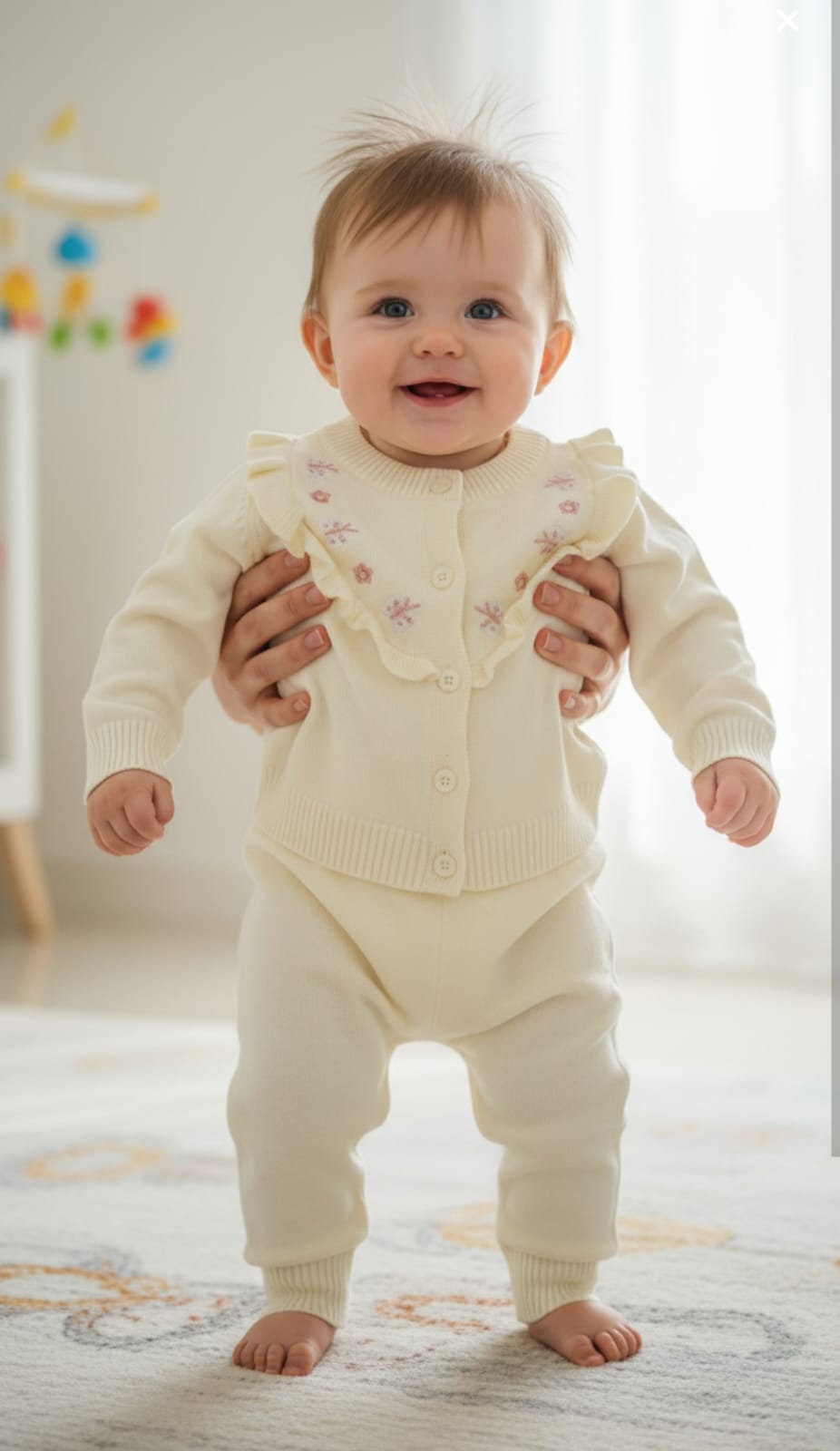 Baby in a cream-colored outfit standing on a light wooden floor with a colorful mobile in the background.