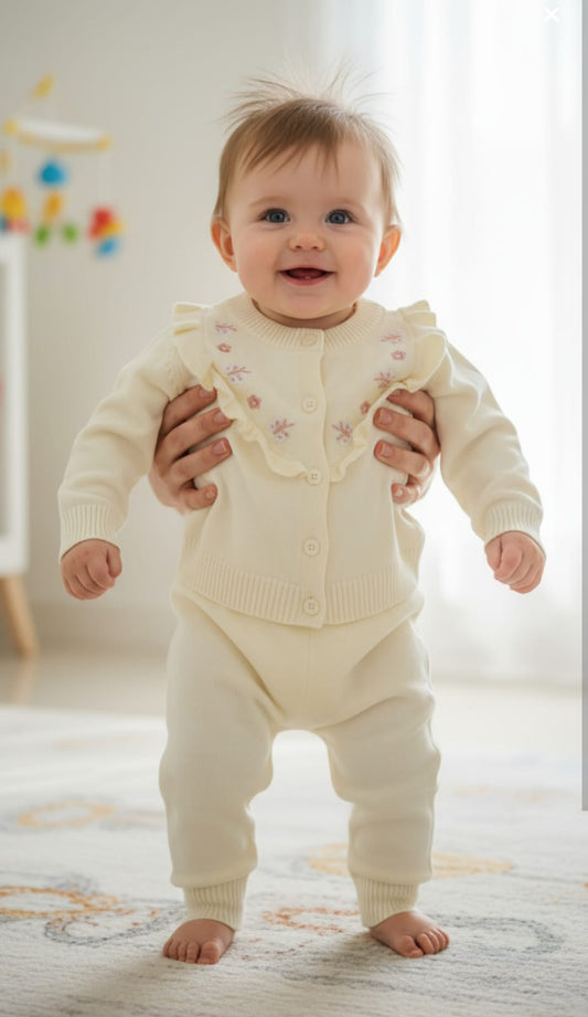 Baby in a cream-colored outfit standing on a light wooden floor with a colorful mobile in the background.