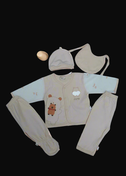 Baby clothing set with a bear design on a white background