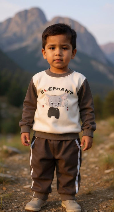 Child wearing a sweatshirt with an elephant design in a mountainous landscape