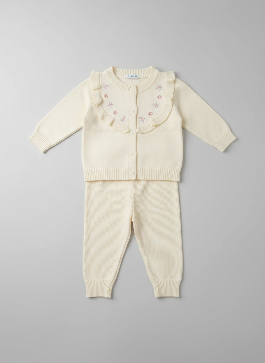 Baby outfit with embroidered top and pants on a tiled floor