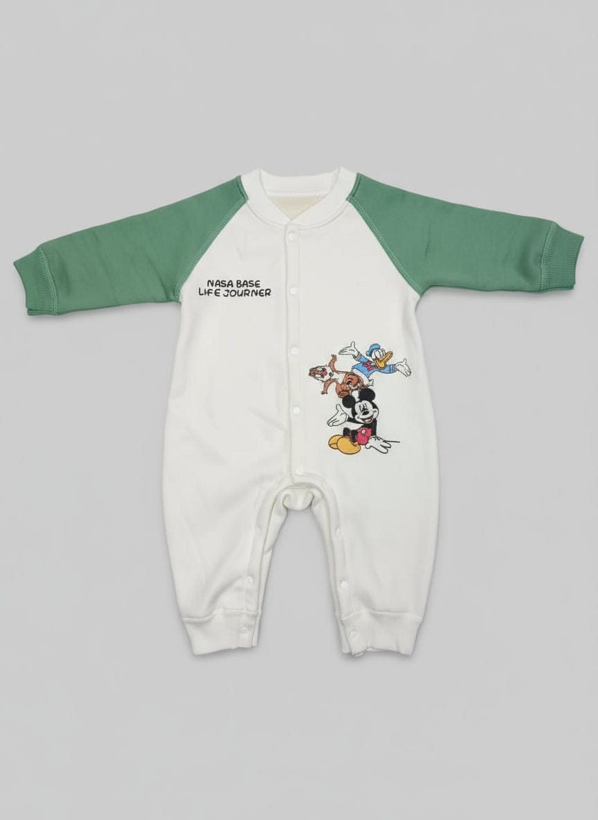 White &amp; Green Cartoon Romper – 9 to 12 Months (Inner Bamboo Blanket Fleece) 🧸💚
