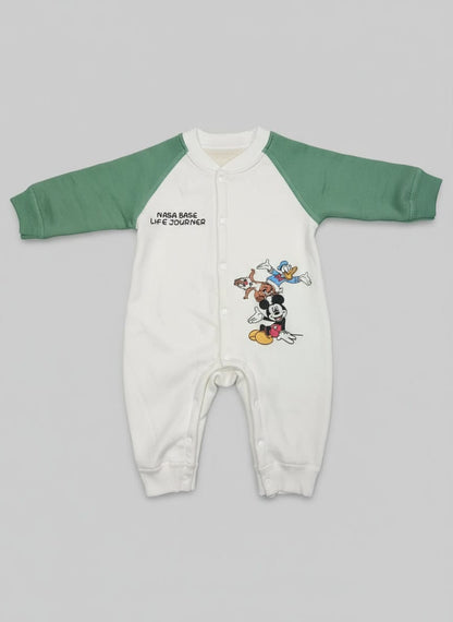 White &amp; Green Cartoon Romper – 9 to 12 Months (Inner Bamboo Blanket Fleece) 🧸💚