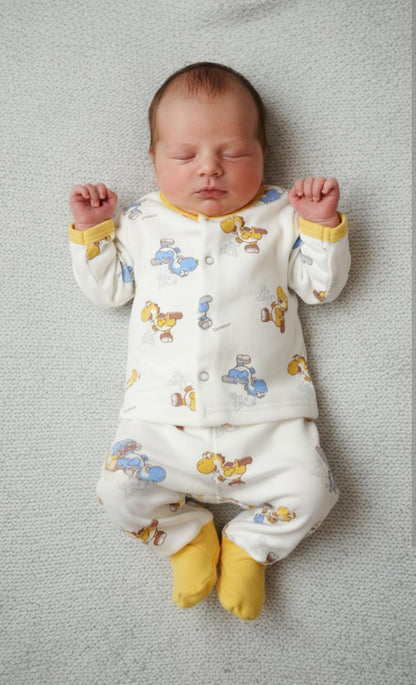 Newborn baby wearing a white outfit with colorful animal prints on a gray surface
