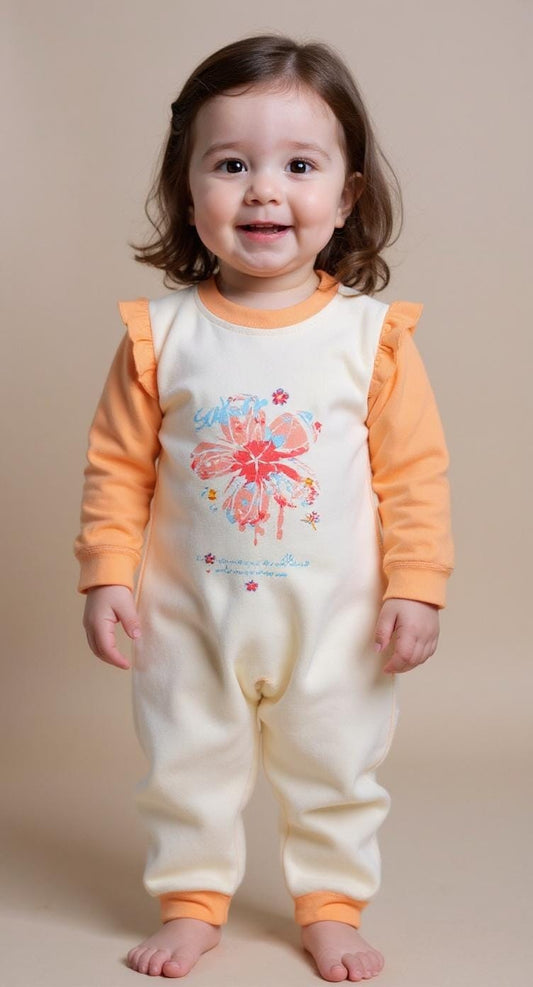 Floral Bloom Baby Girls’ Romper – Orange & Off-White