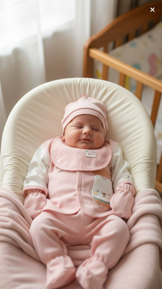 Newborn baby in pink outfit and hat sitting in a white baby bouncer.