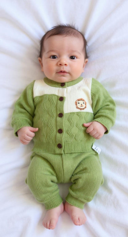 🐻 Cozy Bear Baby Boy Wool Set – Green &amp; Off-White (0–12M)