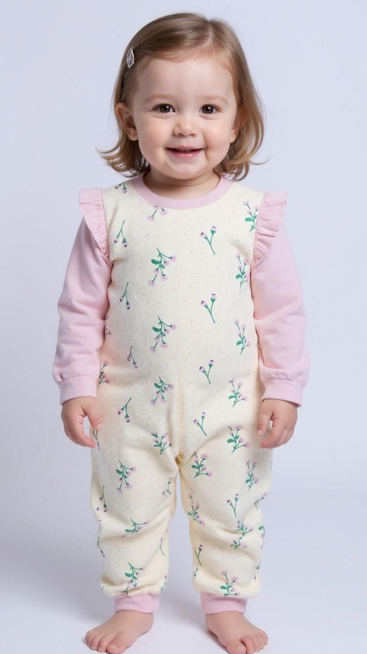 Child wearing a pink and white outfit with floral patterns on a plain background