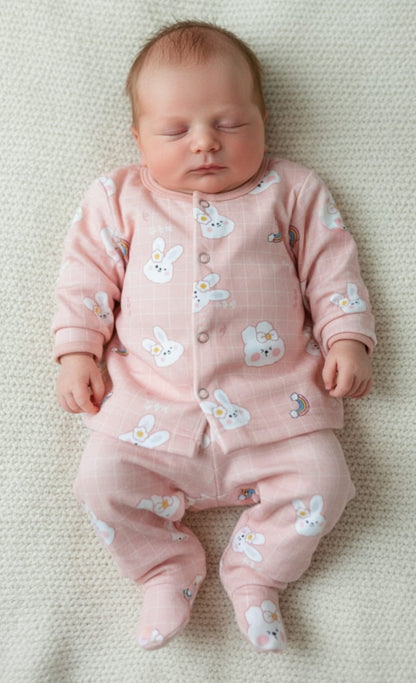 Newborn baby wearing a pink onesie with floral patterns on a beige blanket