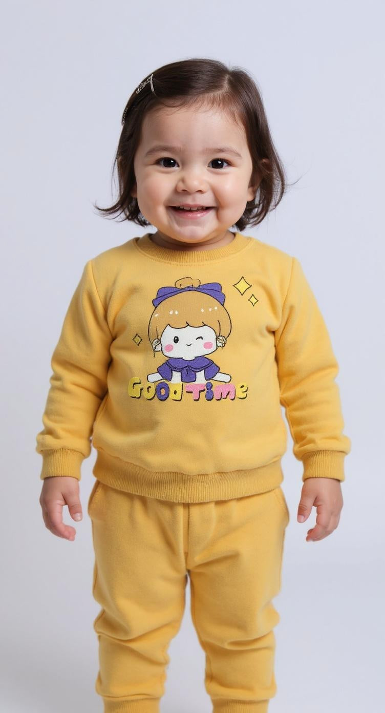 Child wearing a yellow outfit with a cartoon character on a plain background