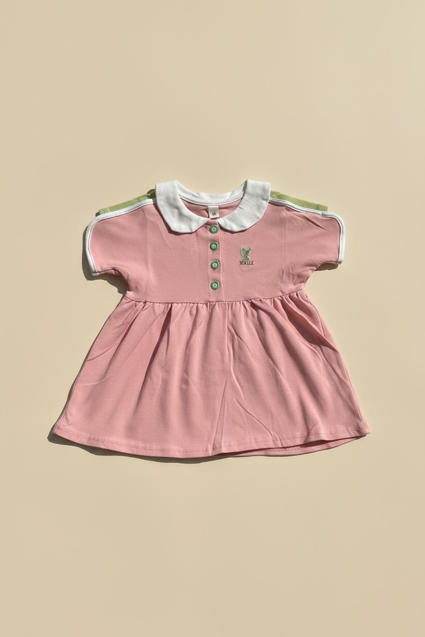 Pink dress with white collar on a gray surface