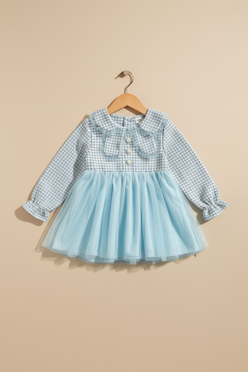 Blue & White Check Frock for Girls – pre winter