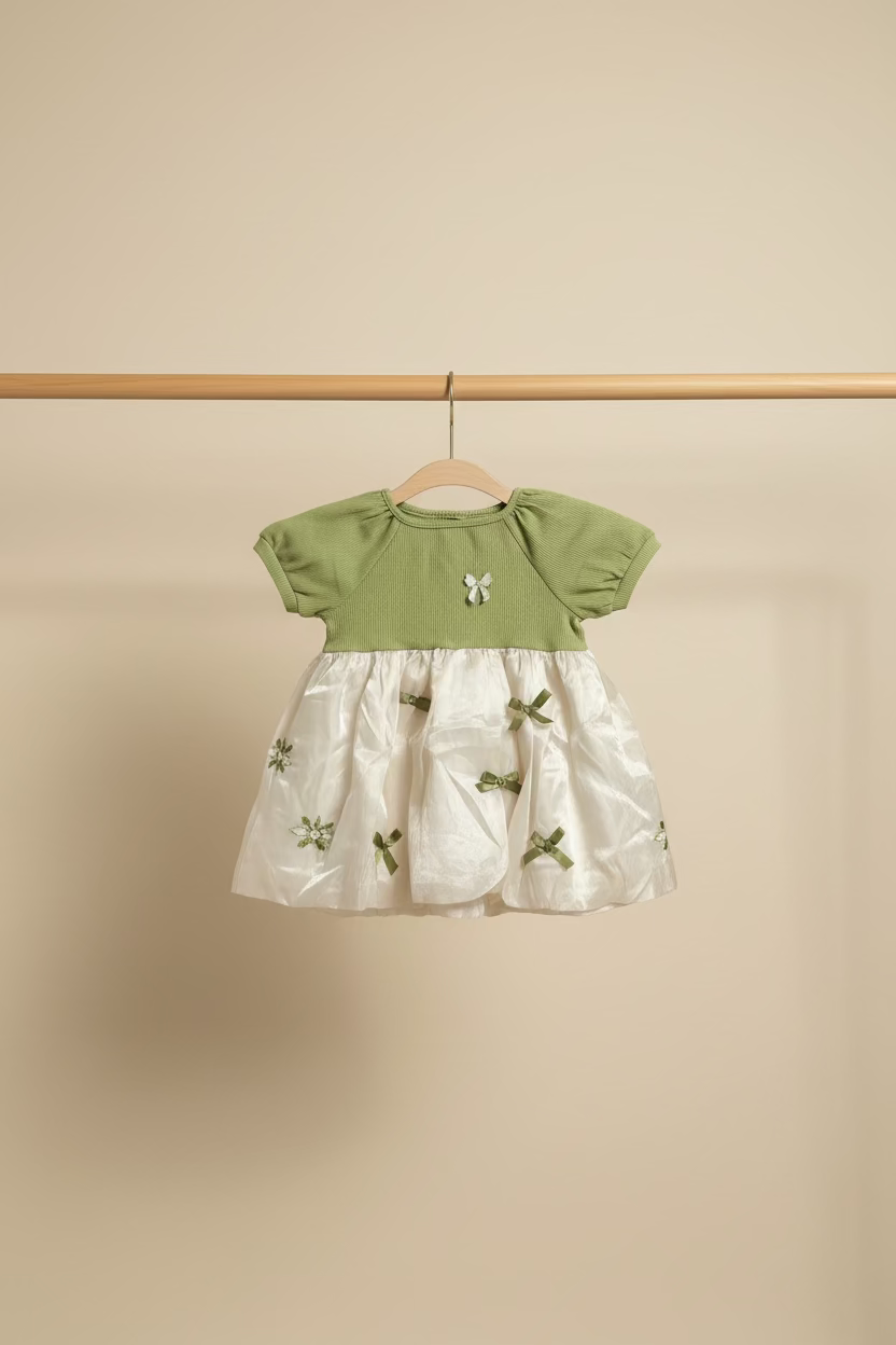 Whimsical Garden Bow Dress | Green Ribbed & Cream Bubble Skirt for Toddler Girls