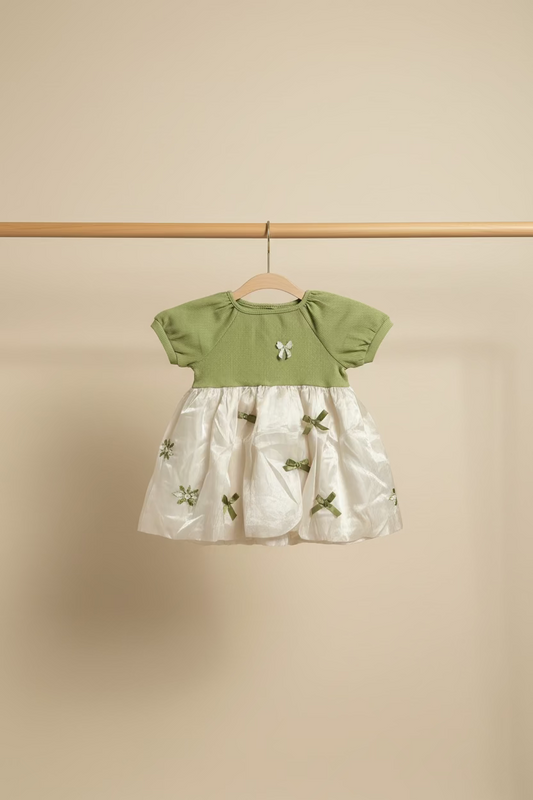 Whimsical Garden Bow Dress | Green Ribbed & Cream Bubble Skirt for Toddler Girls