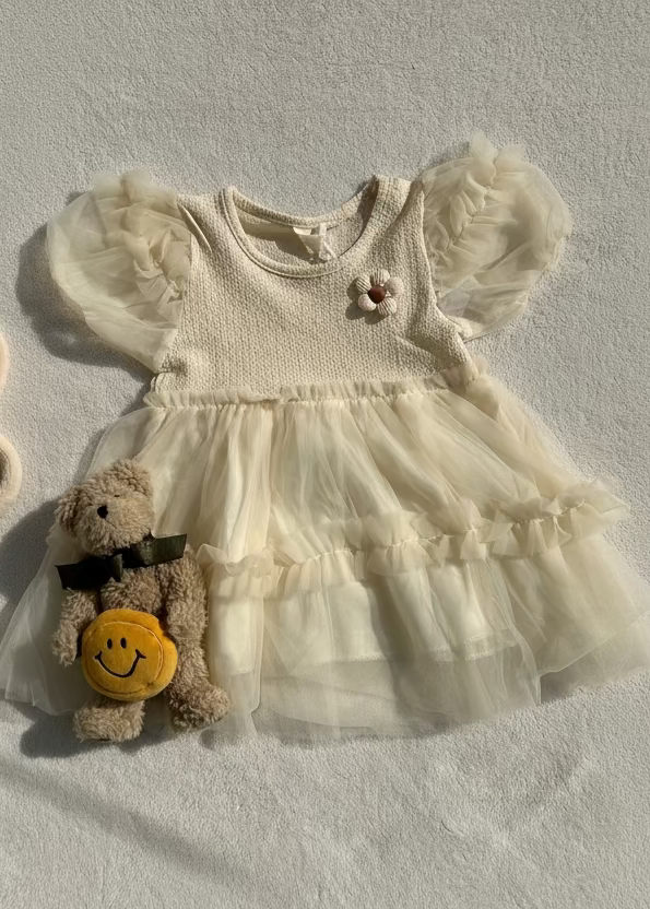 Baby dress with ruffled sleeves and a teddy bear toy on a light background