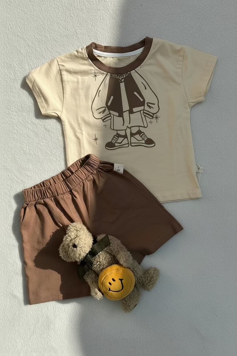 Children's outfit with beige shirt and brown shorts, featuring a teddy bear toy, on a light gray background.