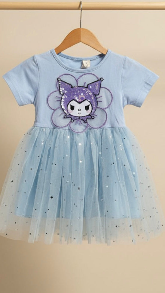 Light blue dress with a cartoon character on a beige background