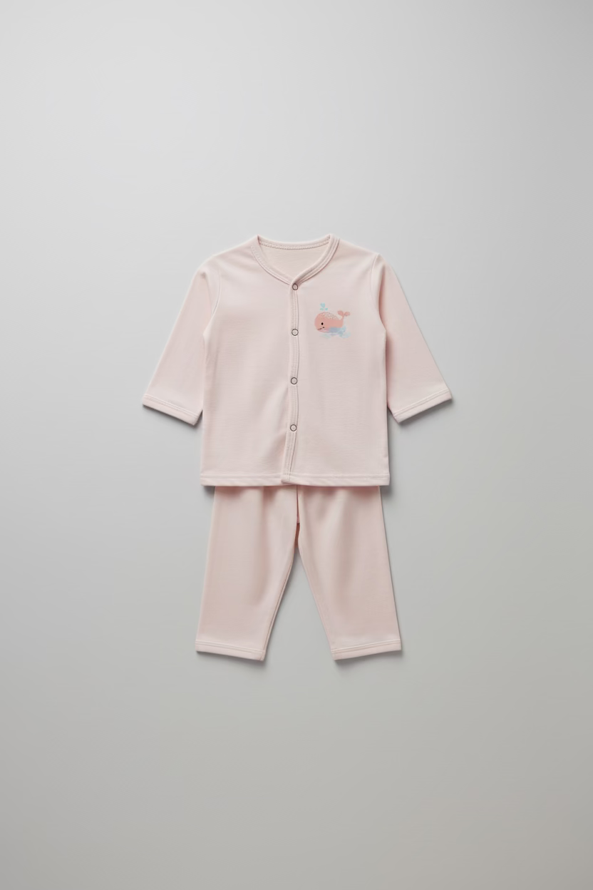 Light blue and pink pajama sets with matching pants on a neutral background.