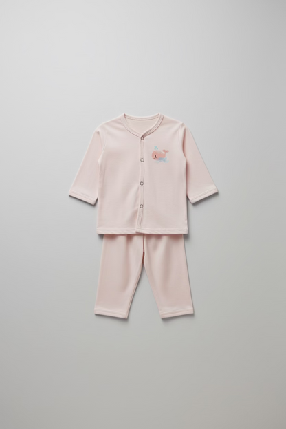 Light blue and pink pajama sets with matching pants on a neutral background.