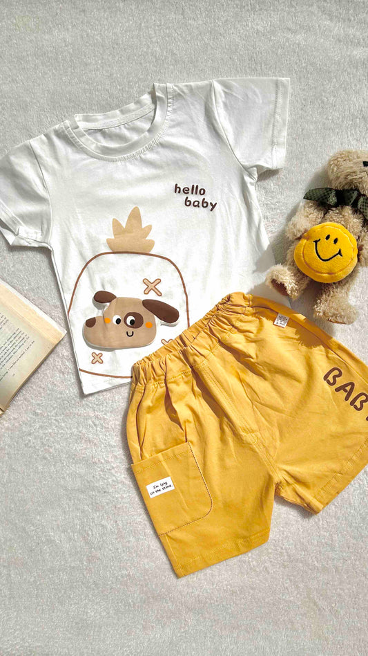 Playful Puppy "Hello Baby" Shorts Set | Toddler Graphic Tee & Mustard Shorts