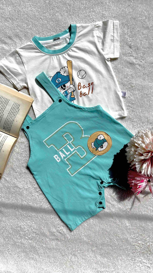 Baseball Bear Overall & Tee Set | Mint Green Shortall Outfit for Babies