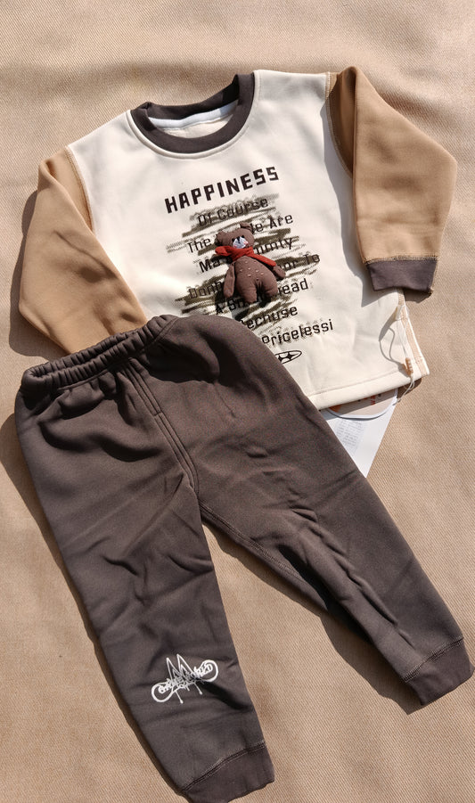 Brown & White 3D Bear “Happiness” – 2 Pcs Winter Set (Kids, Trouser and Shirt, Inner Blanket Fleece)