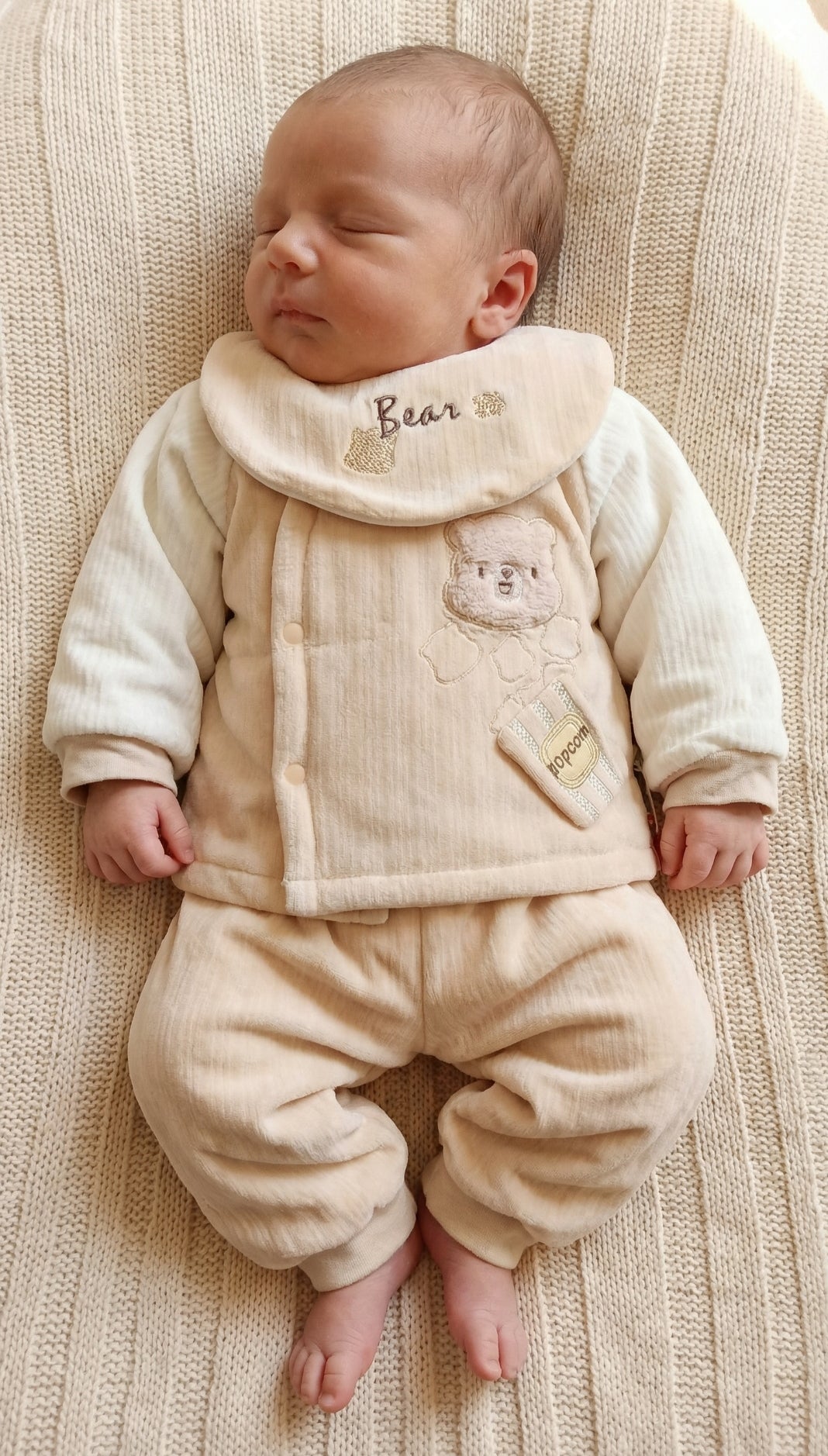 Light Beige Winter Set – Newborn (Trouser, Shirt &amp; Bib)