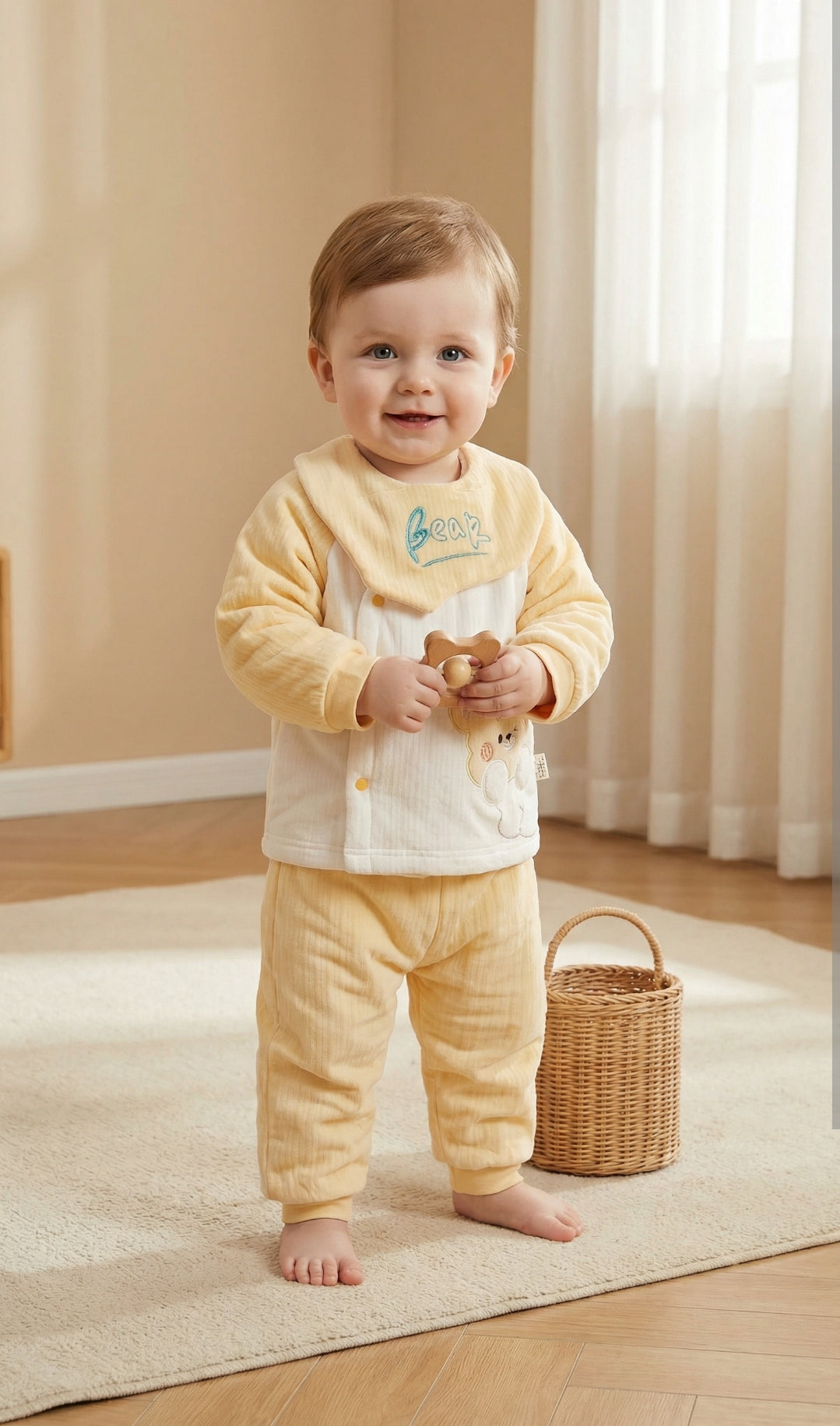 Yellow & White Bear – 3 Pcs Winter Set (Trouser, Shirt &amp; Bib)