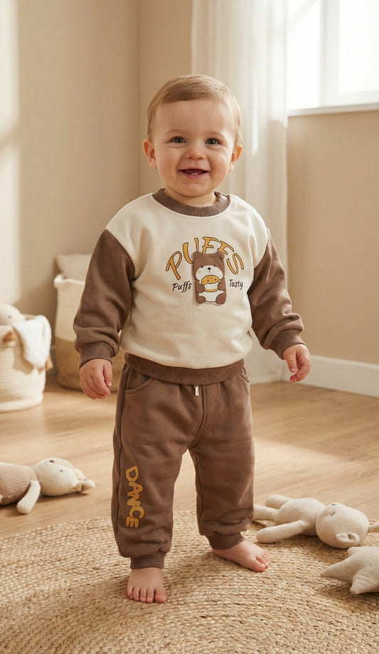 Brown & White Bear Puff – 2 Pcs Winter Set (Kids, Trouser & Shirt, Inner Blanket Fleece)