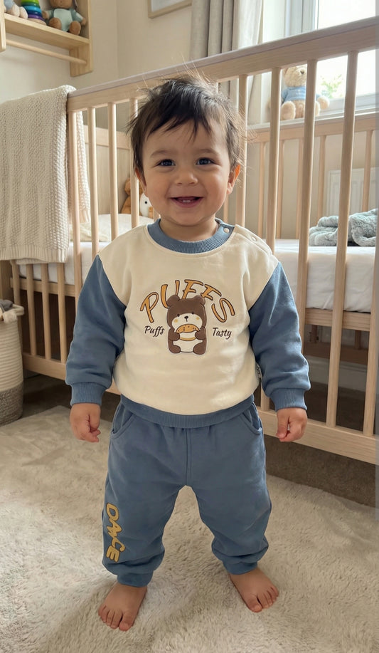 White & Grey Bear Puff – 2 Pcs Winter Set (Kids, Trouser & Shirt, Inner Blanket Fleece)