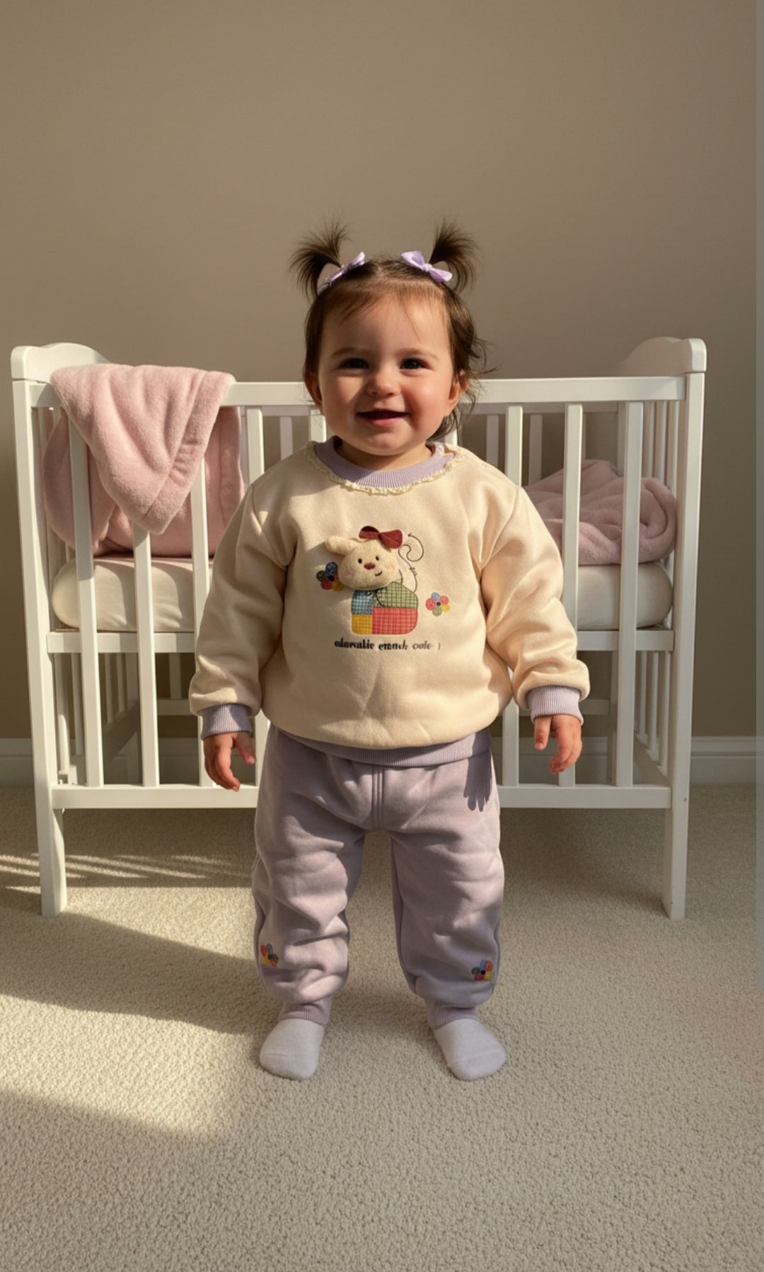 Child wearing a colorful sweater and pants standing in front of a crib.