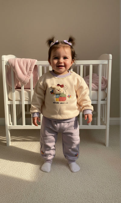 Child wearing a colorful sweater and pants standing in front of a crib.
