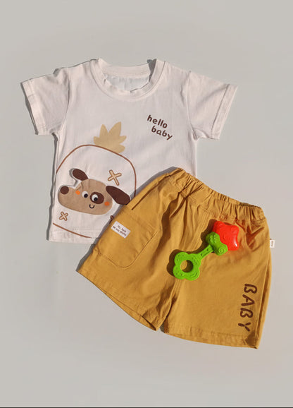 Children's t-shirt with a dog graphic and shorts on a yellow and blue background