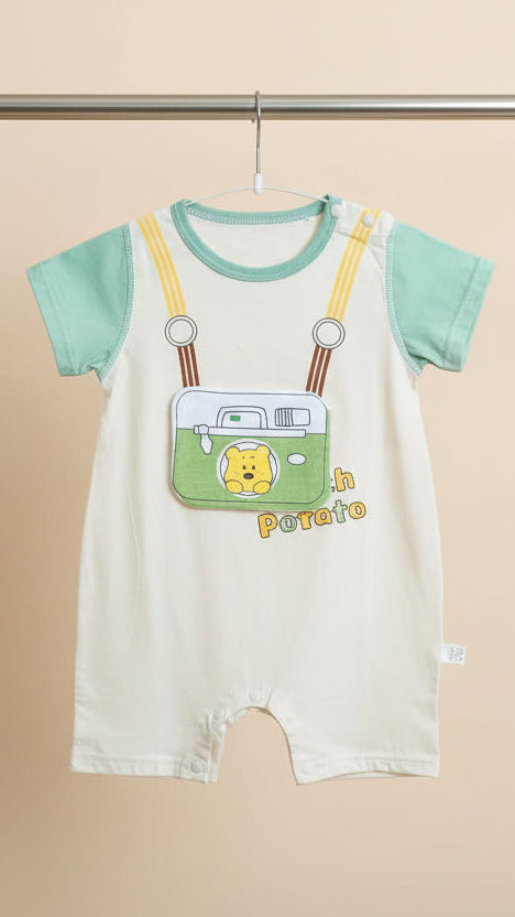Picture-Perfect "Potato" Bear Baby Romper | Graphic Shortall Outfit green