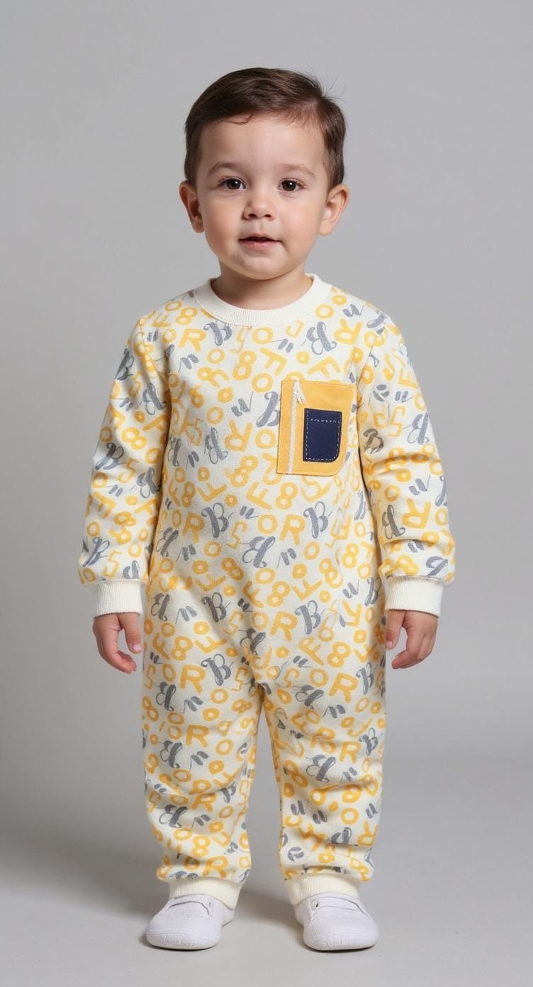 Child wearing a yellow patterned onesie with a pocket on a gray background