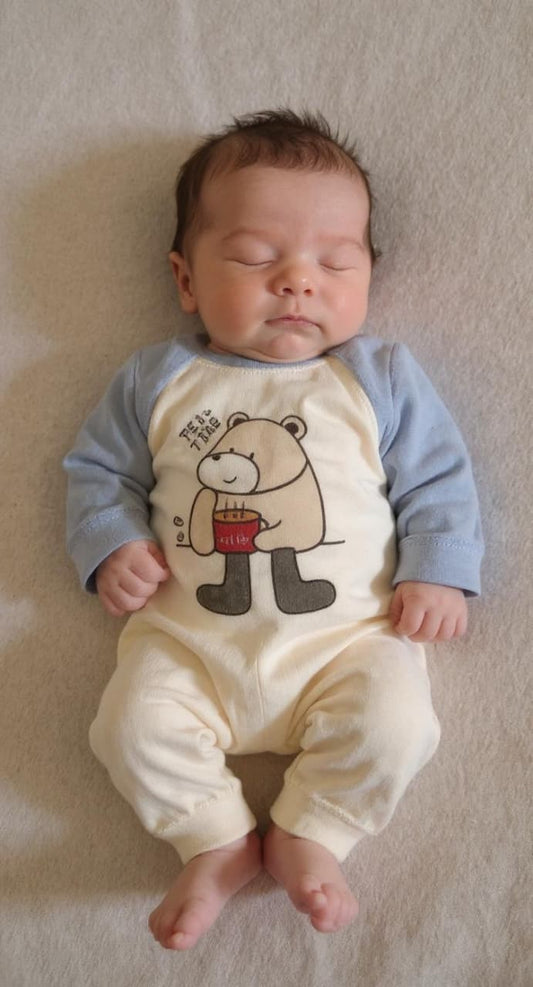 Cuddle Blue Bear Romper – Soft Cotton Blend Pre-Winter (NB, 6–9M)