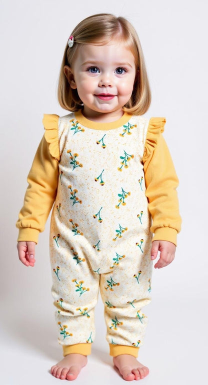 Child wearing a yellow and floral-patterned outfit on a white background